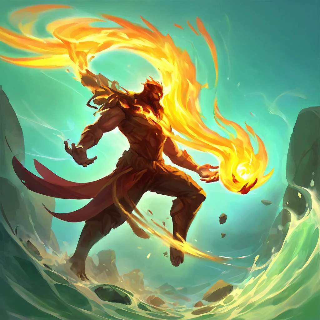 An icon of a person in transformation, where an ordinary human being begins to become an elemental. Parts of your body gradually merge with the natural elements: your skin turns to stone, fire, water or air, while the process progresses. The image shows this transition, with elemental details slowly emerging, reflecting a blend of evolving forces of nature. The pose is powerful, capturing the moment when the human becomes an elemental entity.