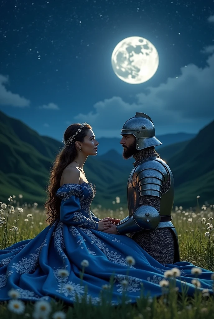 Dame and knight sitting on grass, facing the moon while holding hands