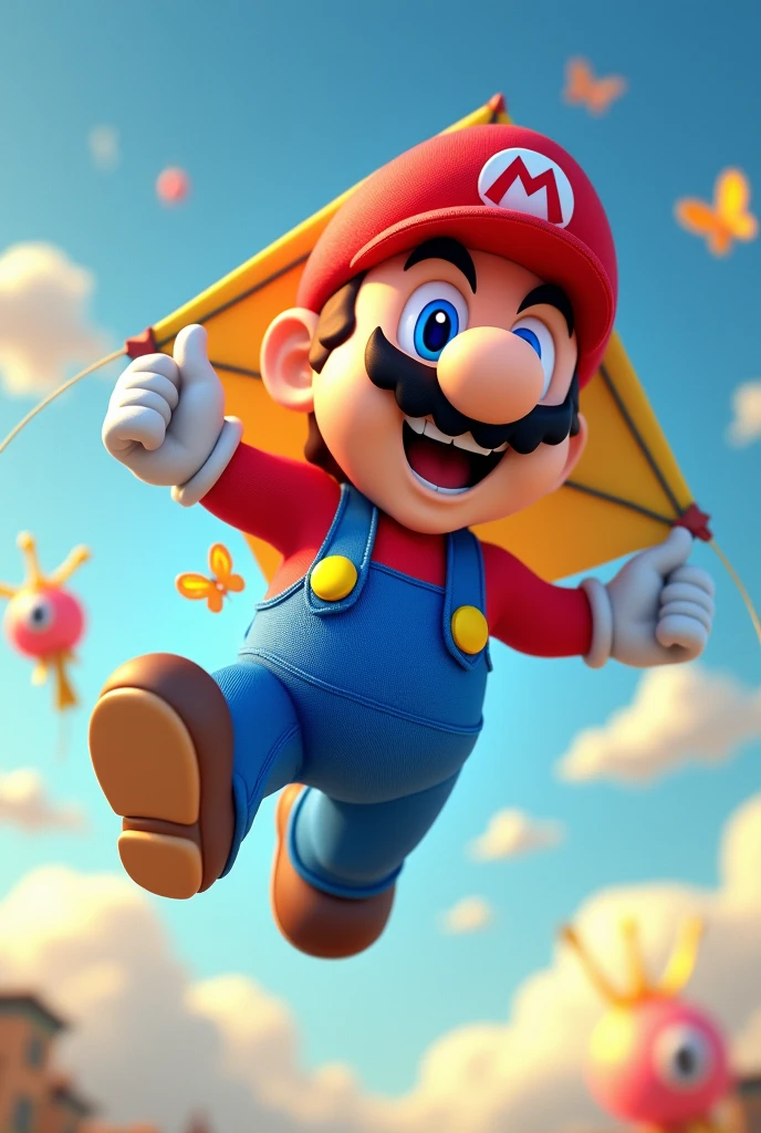 video game Mario dressed like a kite with black mustache, wearing red t-shirt, blue bibs with yellow buttons