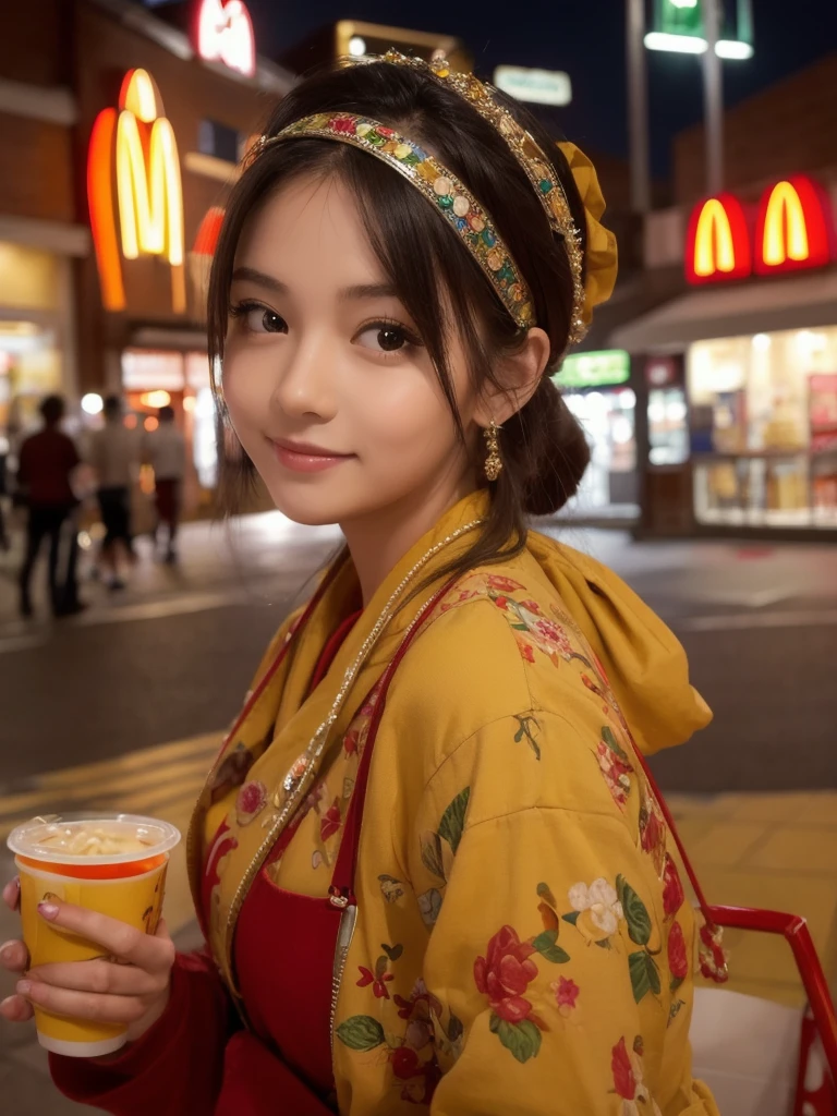 ((Highest quality)), ((masterpiece)), (detailed), One person, Cute woman,,night,McDonald&#39;s,((potatoを食べている少女)),potato,マックフライpotato,nightの街,winter,Scarf,Cute Fashion,((Short Bob)),Frolicking Woman,smile,mini skirt,socks,