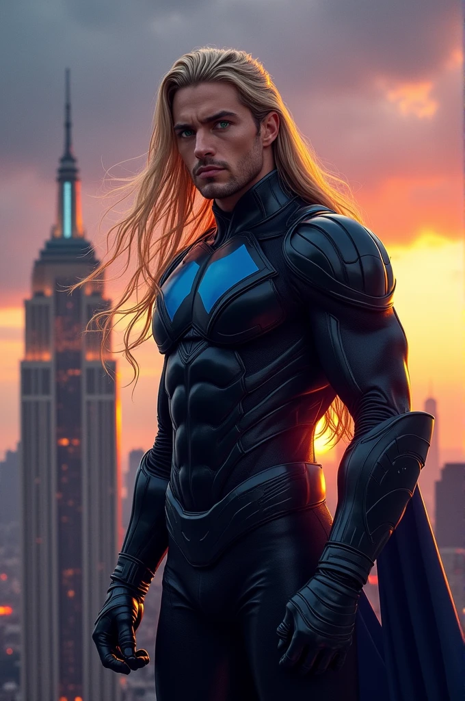 Super hero, defined means, Cao Cao, blonde with green eyes. Black uniform with dark blue details