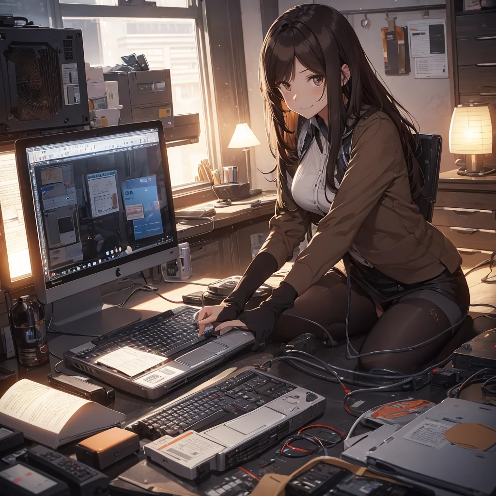 The heat doesn't change even after the sun goes down... I tried to revive a junk PC for the first time in a while, but it didn't work this time. There are days like this...pantyshot, long brown hair, office lady, 1girl, amazing, girl, 30 years old, house wiife, warm smile, hourglass figure,