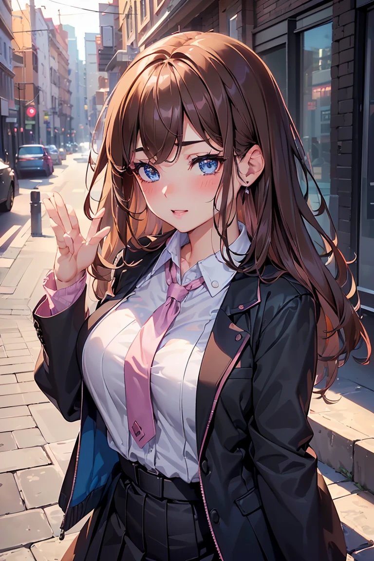 ((Tabletop, Highest quality, High resolution, Hmph, Pixel perfect, 4K, Hmph, Hmph))), One Girl, single, alone, Beauty、The whole body is visible、 ((Mid-wave hair, bangs, Brown Hair)), ((Blue eyes, Beautiful eyelashes, Realistic eyes)), ((Detailed face, blush:1.2)), ((Smooth texture:0.75, Realistic texture:0.65, Realistic:1.1, Anime CG style)), Big Breasts, Dynamic Angle, Perfect body, ((Dress shirt, 、Pink tie、Black jacket, Open jacket, Brown cardigan, White shirt, Black Skirt)), City stairs、Looking up from the bottom of the stairs、Very embarrassing panic smile, Sit on the stairs、