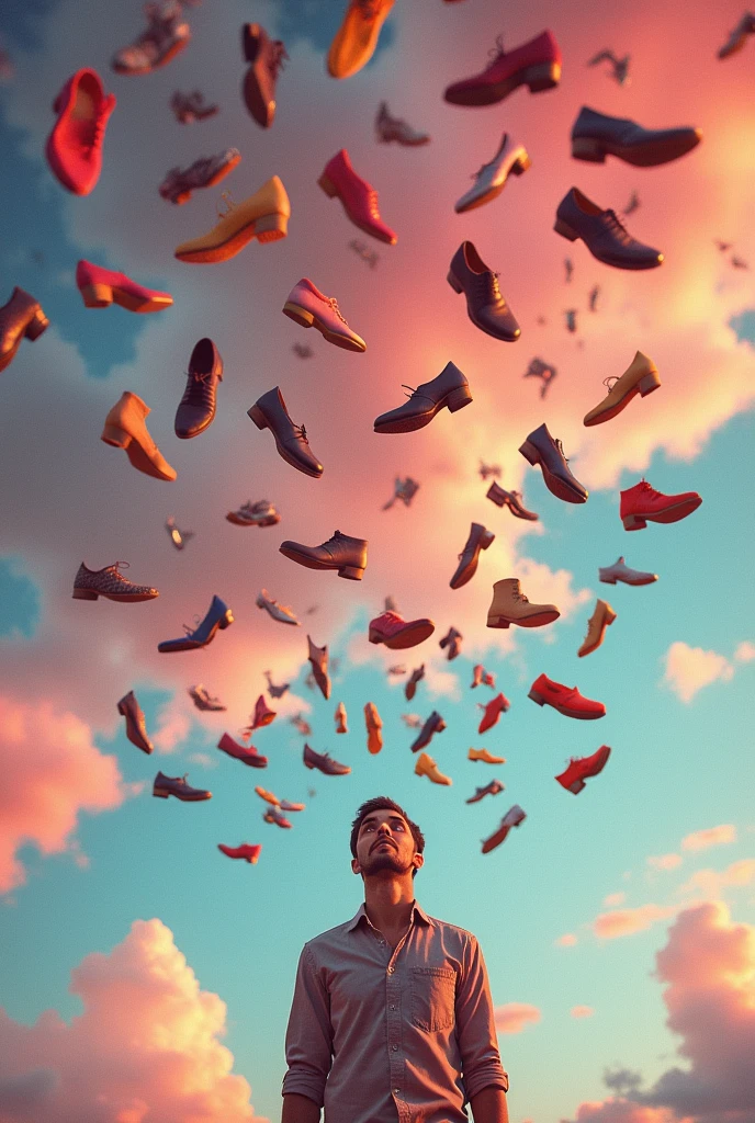 50x  stylish shoes flying in colourful sky a man see shoes in colourful rain 