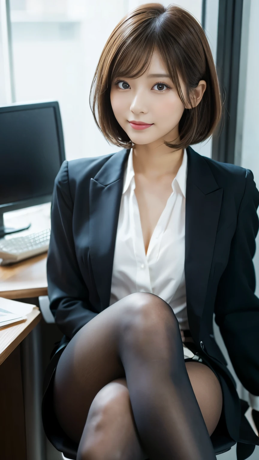 Office, beauty sitting a japanese woman in chair, short hair, beautiful legs, high heels, brown pantyhose, mini skirt suit