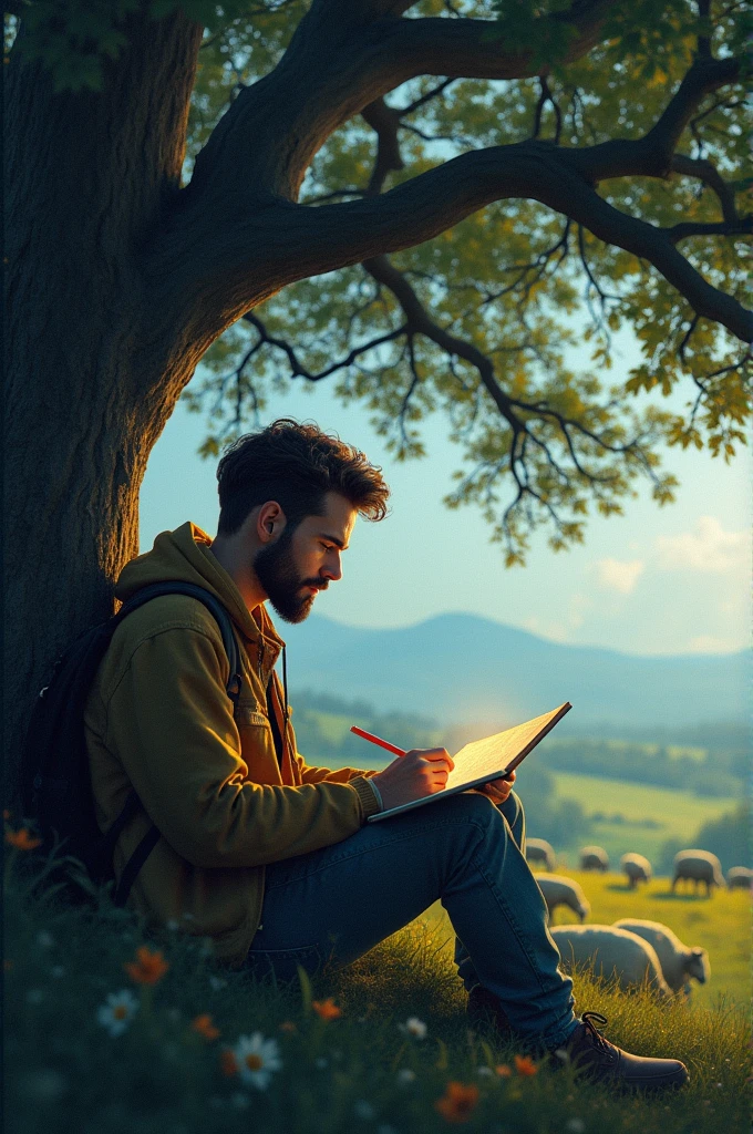 Desenhe um jovem programador, sitting under a tree. He is studying with a notebook, surrounded by several grazing sheep. Dramatic lighting from distant stars and planets illuminates the scene, casting deep shadows on the costume. O jovem parece confiante e determinado, looking at a vast and mysterious field with wonder and respect,facial hair, cowboy shot,