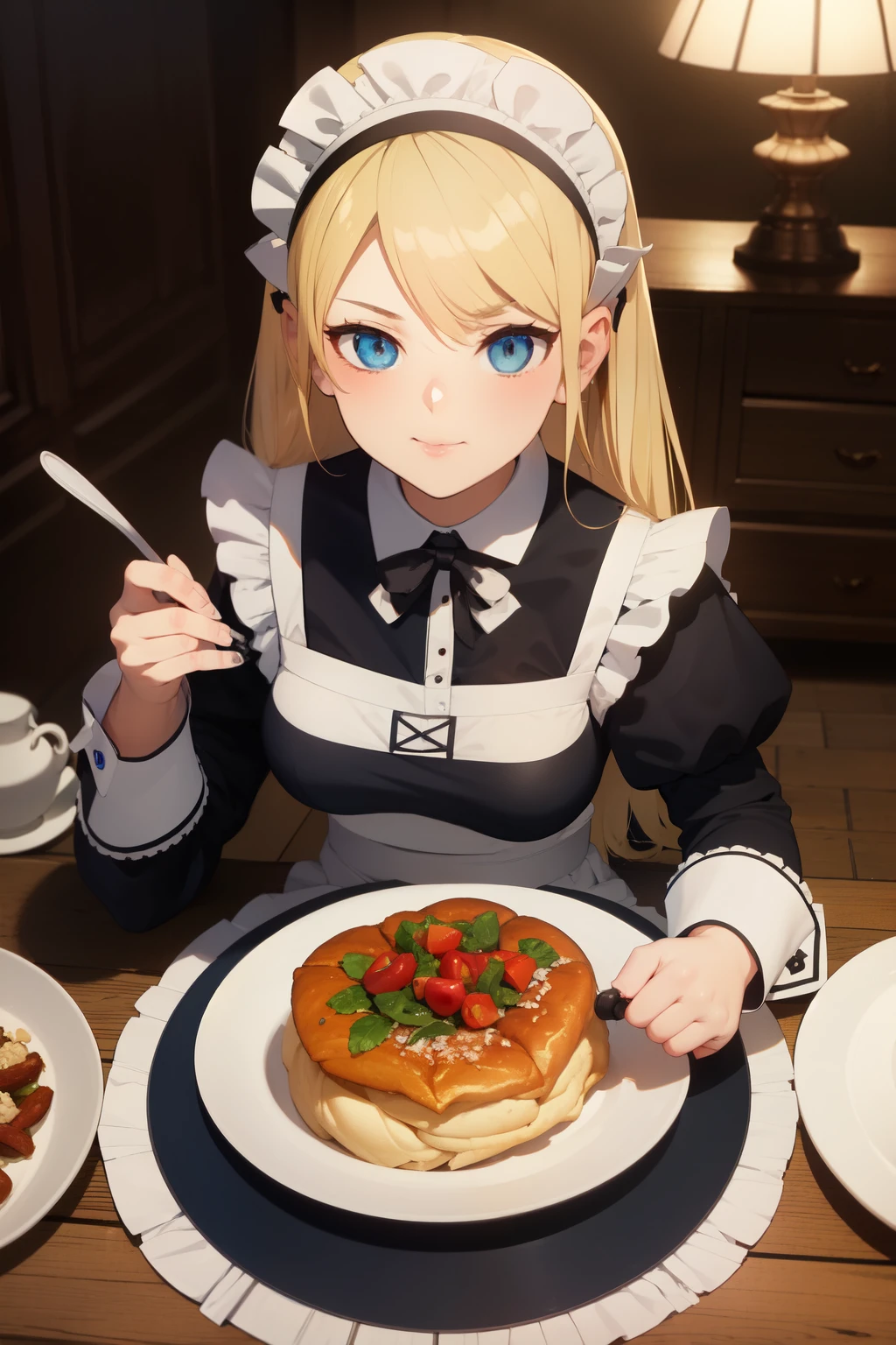 ((best quality)), ((masterpiece)), (detailed), ((1girl)), 18 years old, ((anime)), ((peasant girl)), (( dark fantasy)), ((blue eyes)), ((blonde)), ((maid apparel)), eating a lot of food