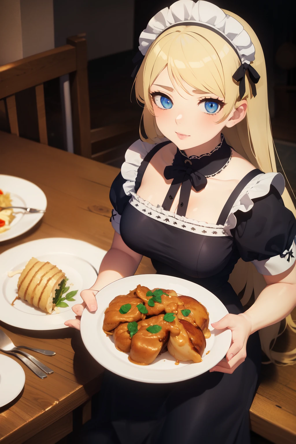 ((best quality)), ((masterpiece)), (detailed), ((1girl)), 18 years old, ((anime)), ((peasant girl)), (( dark fantasy)), ((blue eyes)), ((blonde)), ((maid apparel)), eating a lot of food