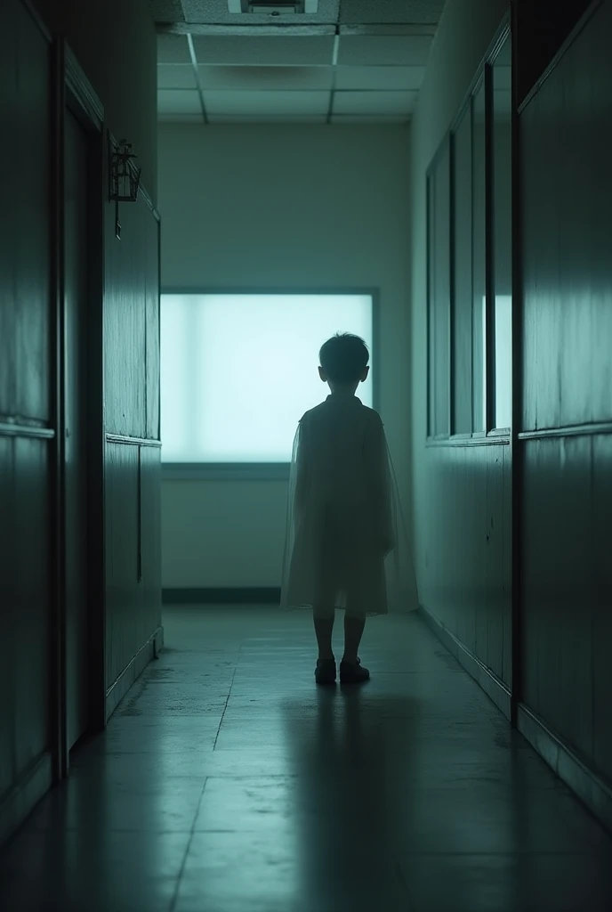 makea boy ghost who's in a classroom facing the white board. he's not facing our direction since we're on the hallway and we are somehow far away from him. we only see him because the classroom and made up of glass and the hallway and room is kinda dark