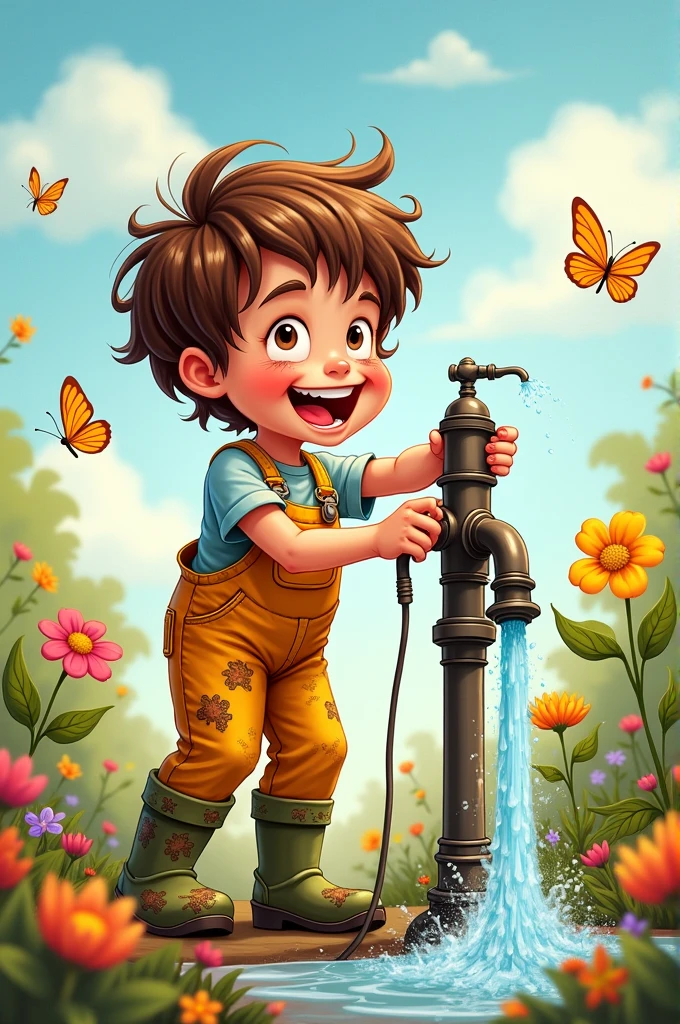 A naughty boy watering water with a water pump cartoon style