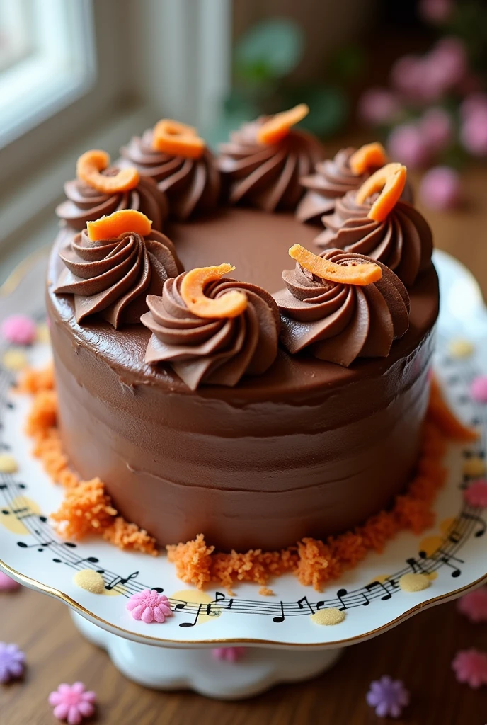 Draw a delicious carrot cake with chocolate frosting with a treble clef