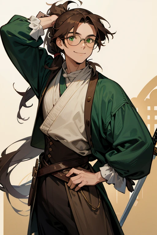 Grown Man, long brown hair tied in a slightly messy low ponytail, green eyes, a sword in his hip, smiling, glasses, wearing 18th century clothes, in a medieval village.