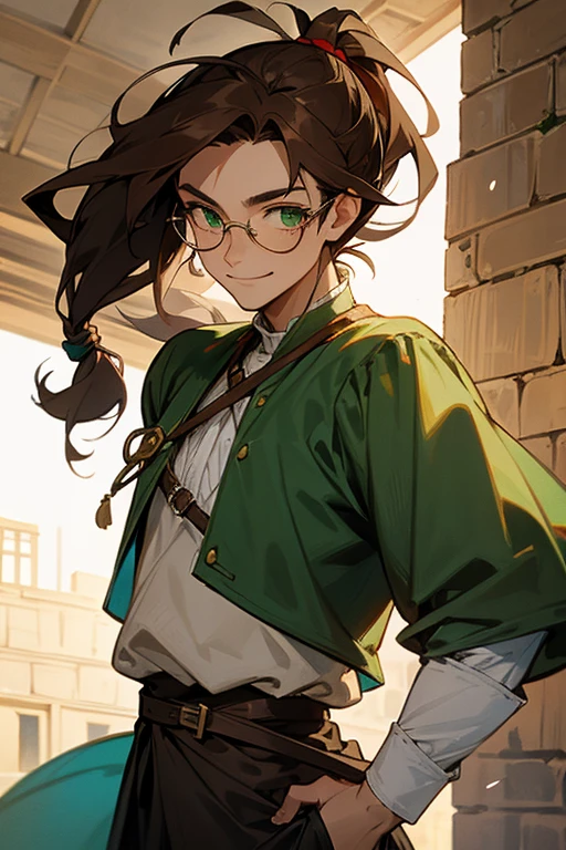 Grown Man, long brown hair tied in a slightly messy low ponytail, green eyes, a sword in his hip, smiling, glasses, wearing 18th century clothes, in a medieval village. 