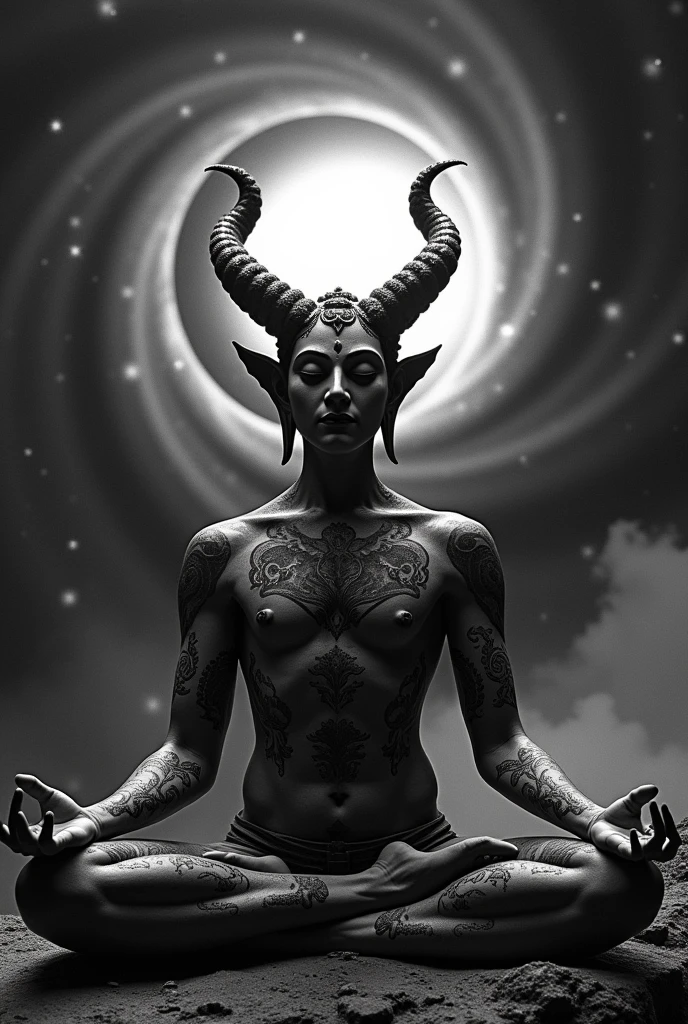Black and white picture of a human demon in Buddha pose under a galaxy surrounded by eclipse