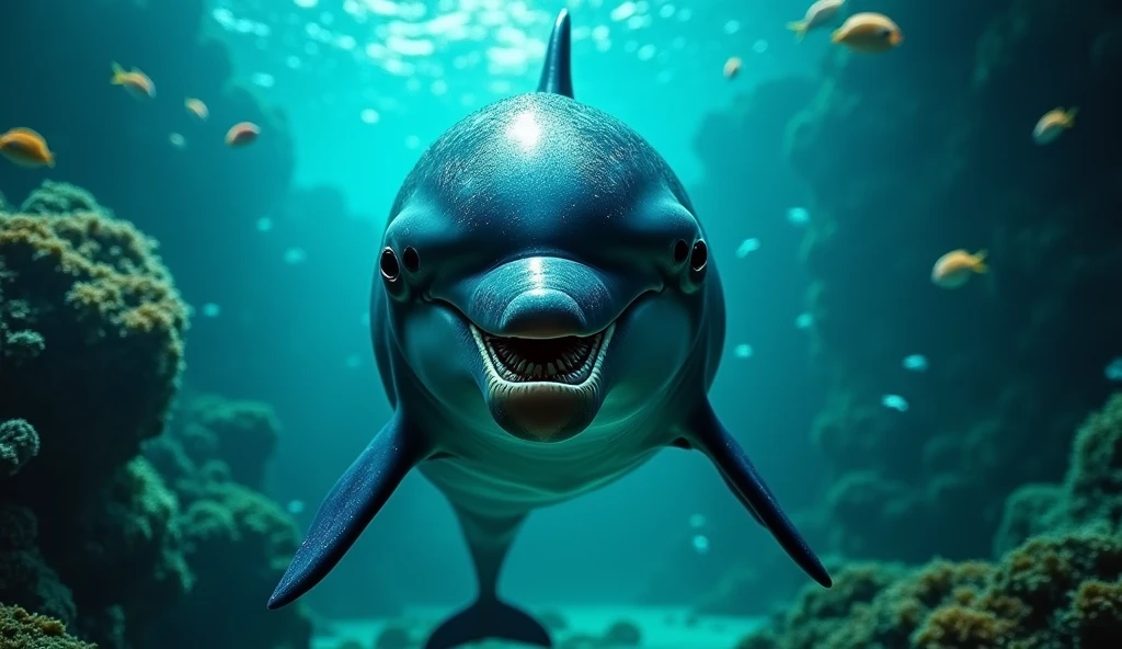 (Ultra-realistic, wonderful, Exquisite photography, Cinematography), (Very detailed, wonderfulファンタジー設定), (colorful, Ultra-realistic, high quality, Very detailed, Sharp focus, 8K Ultra HD, Artistic photography), (Trending on Art Station)A dolphin is staring straight ahead with its eyes shining brightly.、Open your mouth、Horror