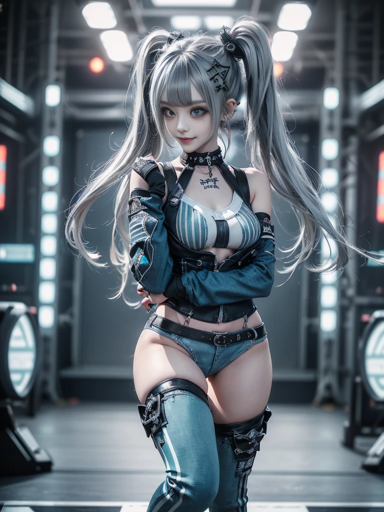 (Full Body View:1.2)、(Side view:1.1)、(Smiling with teeth showing:1.3),(Shibuya Gal:1.5)、(Gothic style fashion:1.5)、(Punk rock visual kei:1.5)、(Wearing a rhythmic gymnastics bodysuit with intricate details:1.4)、(Complex white racing suit and pants, Denim and turquoise decor:1.5)、(Denim and light blue and white boots:1.3)、((belt))、(A number of subtle logos are featured throughout the costume々:1.4)、(collar:1.3)、(Striped underwear:1.5)、20-year-old、Browsing Caution、((Highest quality、In 8K、masterpiece:1.3))、Sharp focus:1.2、(Layered Cut、Huge boobs:1.1),Beautiful woman with perfect figure:1.4、(Dance vigorously:1.3)、Slim Abs:1.2、Highly detailed face and skin texture、Detailed eyes、double eyelid,(Twin tails:1.3)、(Dark silver hair:1.3)、Idol Sculpture、(The background is the stage for a fashion show:1.3)、(The body is slim:1.3),(Slimming your legs:1.4),(clavicle:1.1)、(Thin and slim thighs:1.3)