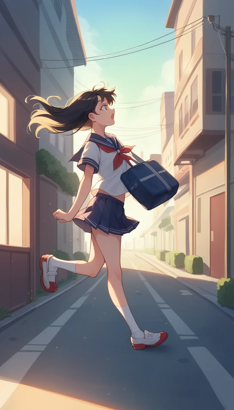 "A dynamic scene featuring a high-quality anime-style image of Usagi Tsukino from 'Sailor Moon' running in her summer school uniform. She is wearing her usual short-sleeved sailor uniform, with her school bag slung over her back. The image captures the moment she is about to trip, with one foot slightly off the ground and her arms flailing as she tries to regain her balance. The scene is filled with energy, showing her in a side view as she runs, with a slightly panicked expression on her face. The background is a bustling city street in the early morning, with motion blur effects to emphasize her speed and the urgency of the moment. The colors are vibrant, and the lighting captures the early morning sunlight, adding a soft glow to the scene."