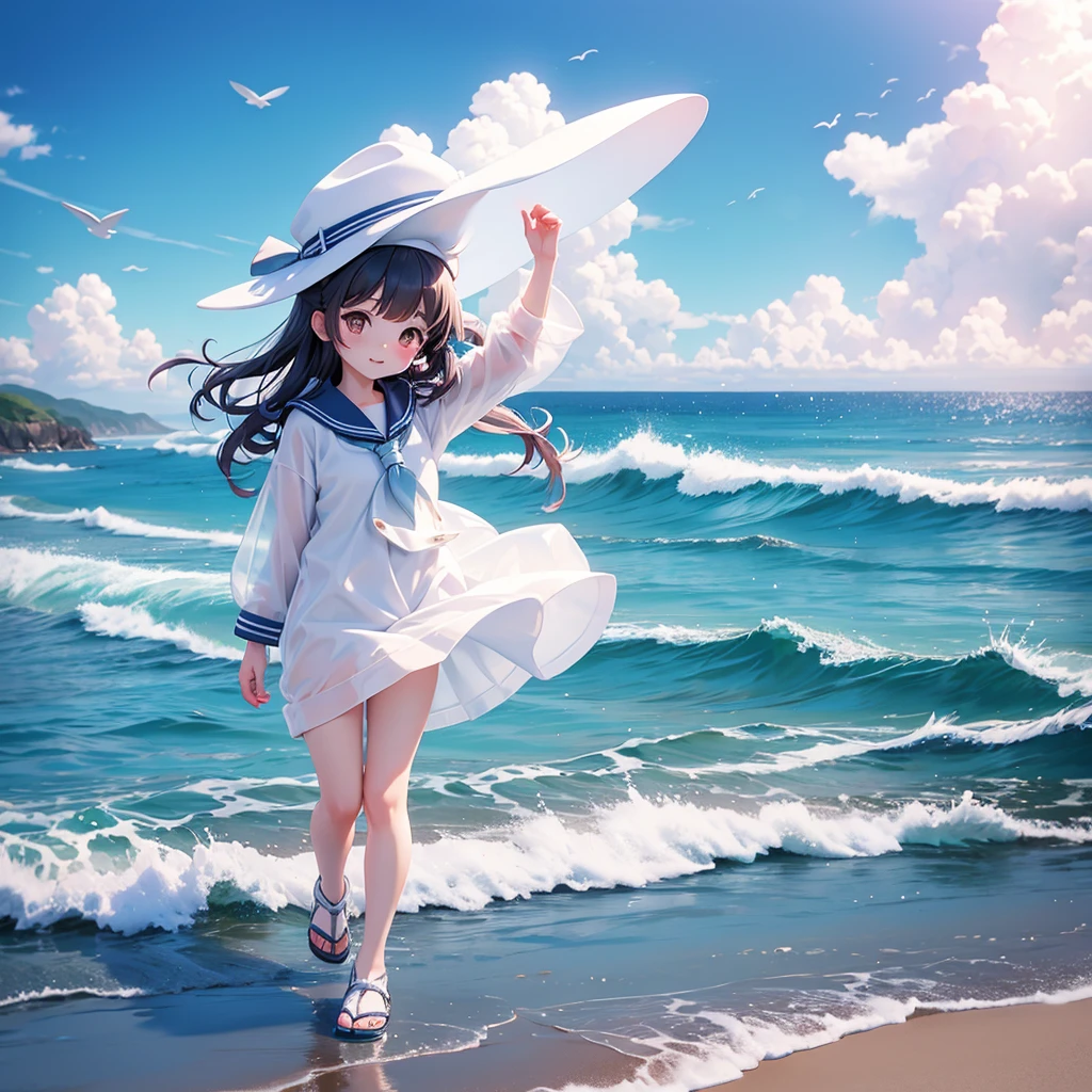 translucent sailor suit、Seaside、Highest quality、the wind is strong