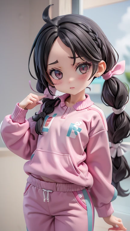 Girl、Primary school students、small、sharp、Black Hair,、Pigtails、Braid、The forehead is visible、Forehead、Jersey、Tracksuits、Clothing patterns、Clothing Design、The front is open、whole body、