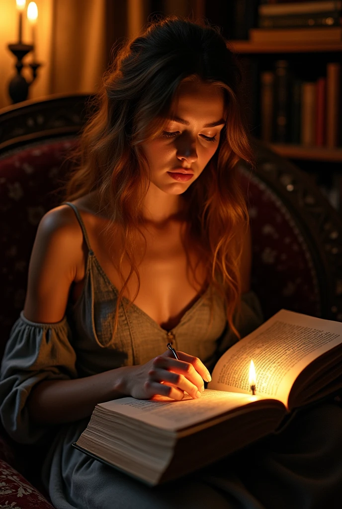Visualize a young woman reading a book by candlelight, with the soft light casting a warm glow on her features. Use soft, muted colors to create a cozy atmosphere and emphasize the gentle light.