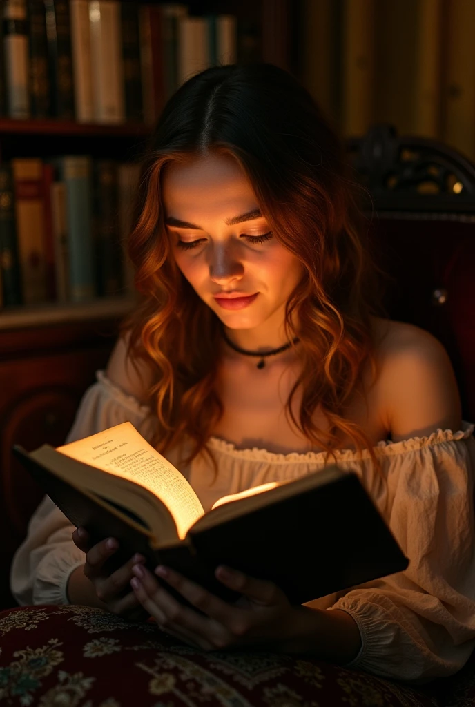 Visualize a young woman reading a book by candlelight, with the soft light casting a warm glow on her features. Use soft, muted colors to create a cozy atmosphere and emphasize the gentle light.