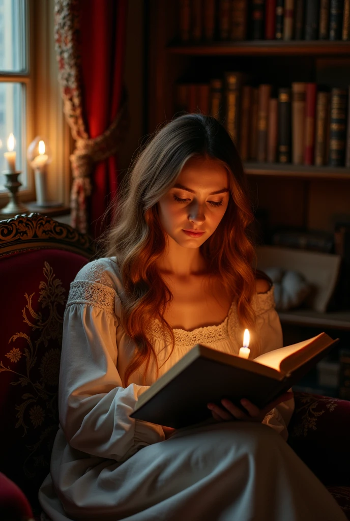 Visualize a young woman reading a book by candlelight, with the soft light casting a warm glow on her features. Use soft, muted colors to create a cozy atmosphere and emphasize the gentle light.