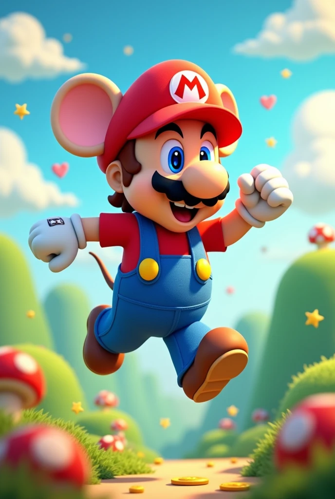 video game Mario dressed like a mouse with black mustache, wearing red t-shirt, blue bibs with yellow buttons