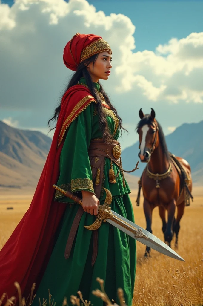 A warrior of the Turkic Khaganate, a girl with a sword and a horse