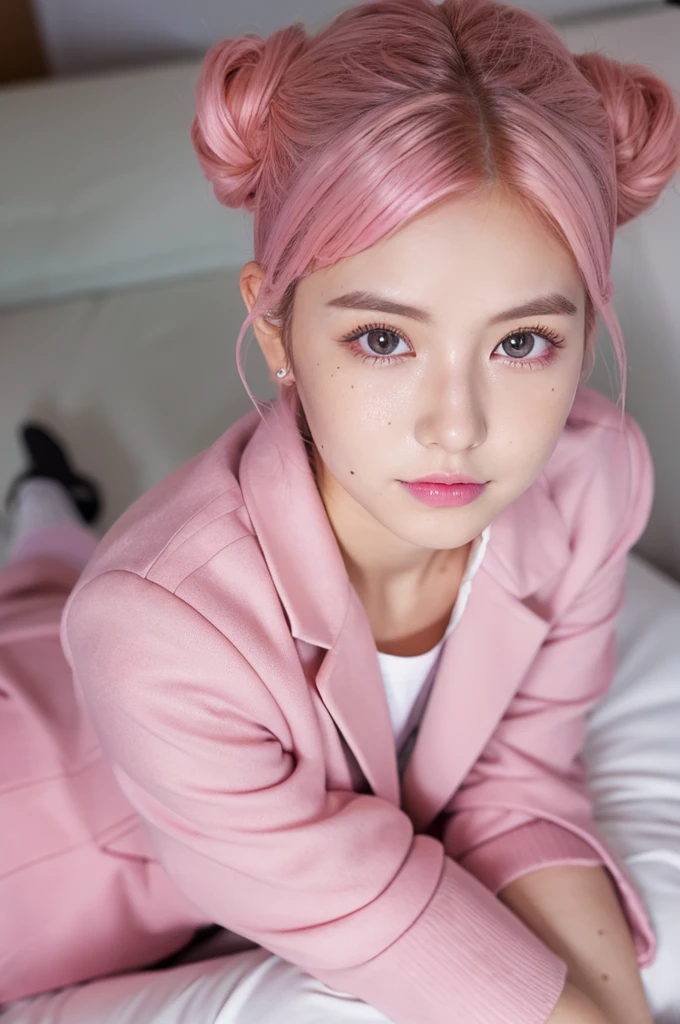 8k, RAW photo, best quality, masterpiece:1.2), (realistic, photo-realistic:1.4), (extremely detailed 8k wallpaper), japanese 20 age woman,Ultra-detailed cute face, Detailed eyes, Double eyelid,blazer,school black short skirt,school black socks,school loafers, full body,(topknot, Huge breasts :1.2,(pink hair ),Tears mole),View from above,lying on the bed,cute hair