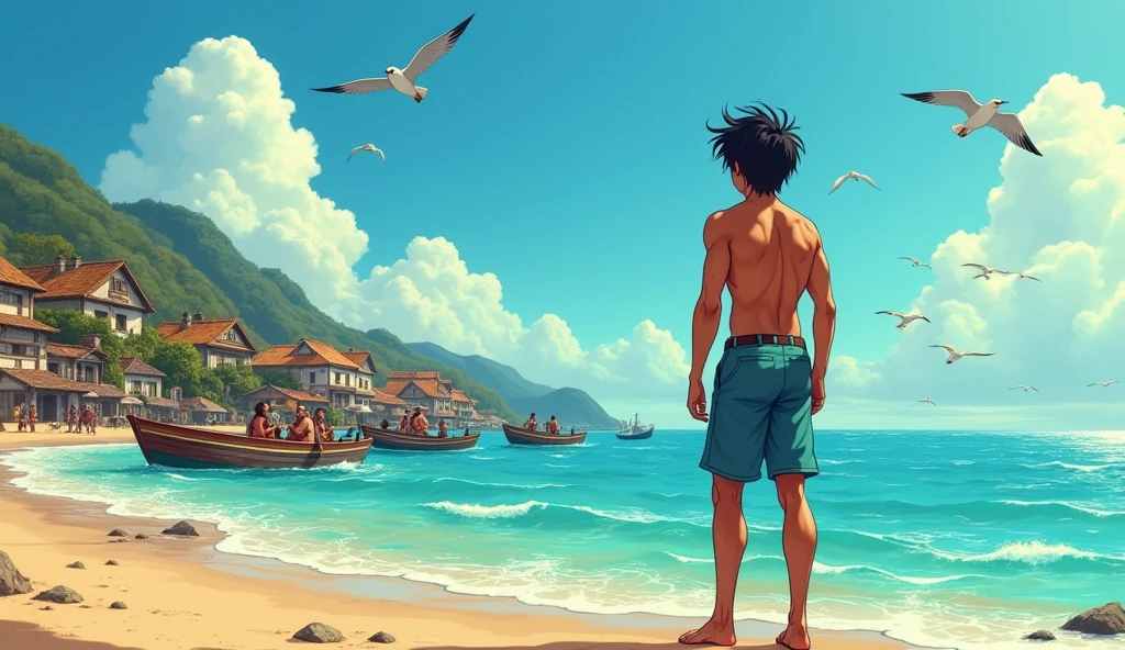 Kai is a lean, wiry teenager with tanned skin from long days spent under the sun. His hair is dark and unruly.The villagers, inspired by the boy’s story, setting out on their own boats, filled with hope and courage."**
