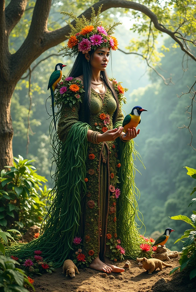 I want an image of Pachamama, the goddess of nature. Her body is made up of elements of nature. The figure should be majestic and harmonious, it looks like a female figure, but at the same time composed entirely enough of natural elements but she is only is 2 meters tall and is surrounded by animal and flowers