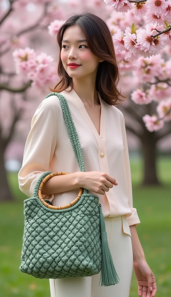 Full body fashion photo of a young sophisticated woman dressed in stylish blouse holding a stylish sage green macrame handbag with a circular bamboo handle. The bag features a square knotted pattern forming diamond shapes across its body. It has a tassel detail on one side. Background is a Sakura park in Kyoto Japan.