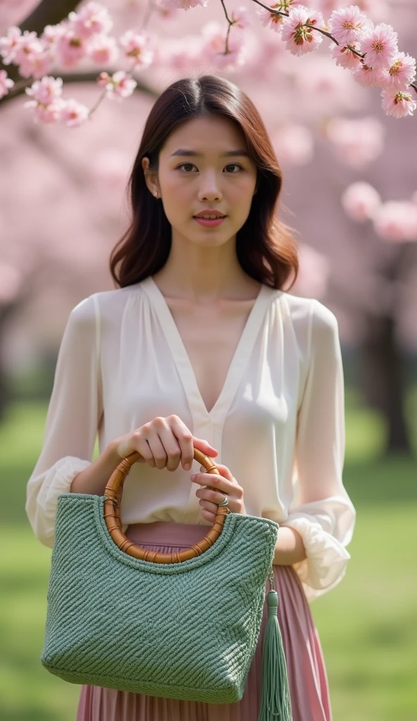 Full body fashion photo of a young sophisticated woman dressed in stylish blouse holding a stylish sage green macrame handbag with a circular bamboo handle. The bag features a square knotted pattern forming diamond shapes across its body. It has a tassel detail on one side. Background is a Sakura park in Kyoto Japan.
