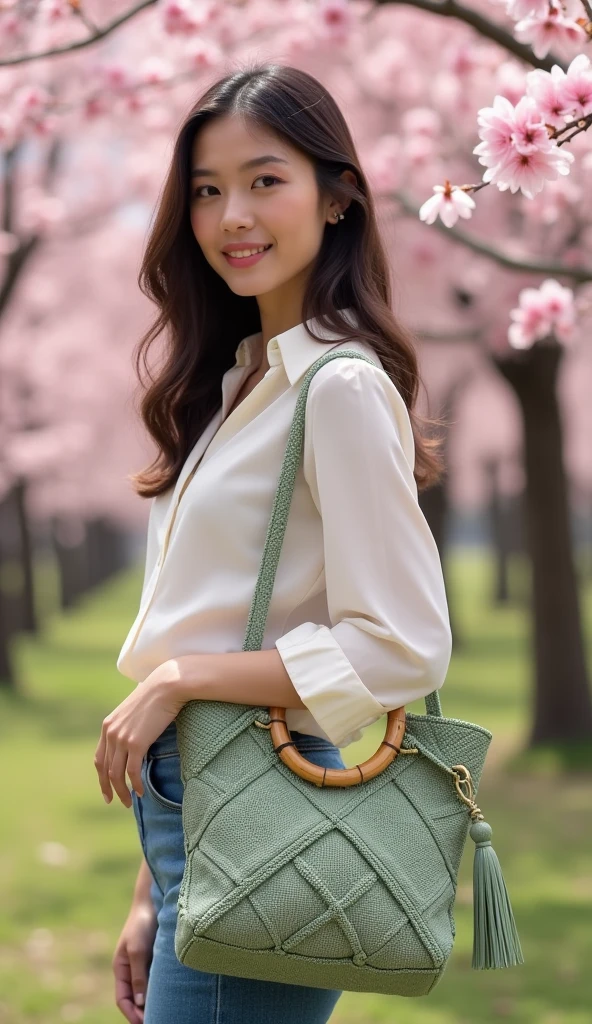Full body fashion photo of a young sophisticated woman dressed in stylish blouse holding a stylish sage green macrame handbag with a circular bamboo handle. The bag features a square knotted pattern forming diamond shapes across its body. It has a tassel detail on one side. Background is a Sakura park in Kyoto Japan.
