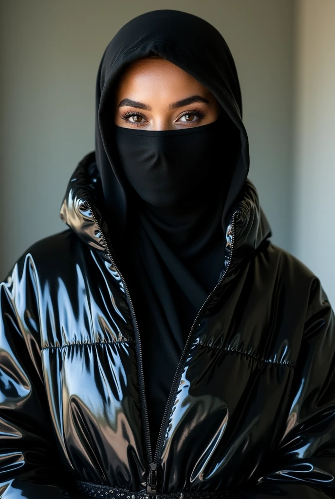 close up beautiful 30 year old hot girl.
She wears a very shiny plastic hijab on her head.
with a very shiny black plastic mask on his face.
wearing a long shiny plastic puffer jacket.
she wears a long traditional Arabic Caftan dress made of very shiny plastic.