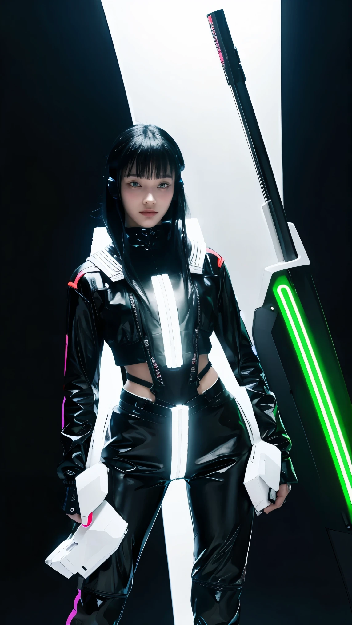 1girl, black futuristic attires, white background, Cyberpunk, neon tracing,, RGB