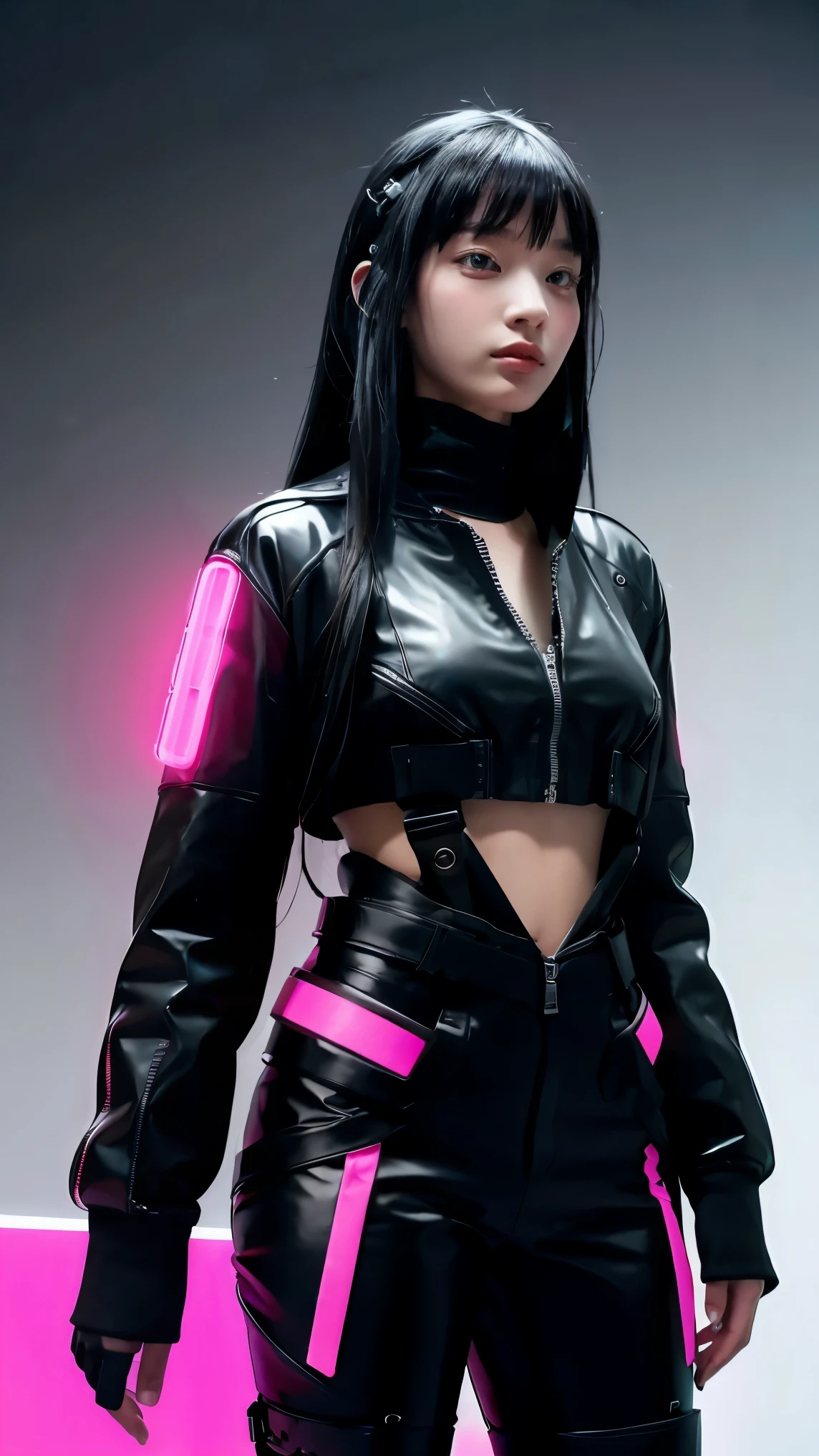 1girl, black futuristic attires, white background, Cyberpunk, neon tracing,, RGB