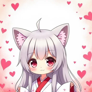 One Woman,Gray Hair,Cat ear,((Chibi Character)) Heterochromia iridis,Red eyes,,White kimono,Star Iris Background(Heart Background,Lots of hearts,pink,Watercolor style) What's happening,Please enter text in the bottom right corner of the fantasy image,A very popular font,