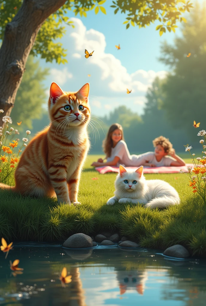 young ginger cat with dark green eyes sits on the river bank ,there is a white fluffy cat sitting nearby, the cat has blue eyes, a dog shakes off water on the river bank, on the background, behind the cats on the lawn a family with small children settled down for a picnic, wild flowers grow on the lawn, Butterflies and dragonflies flutter above them , cats look at the sky , clouds are floating across the sky, clouds reflected in the river,