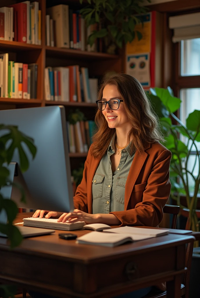 a character (teacher or guide) is in front of a computer screen.