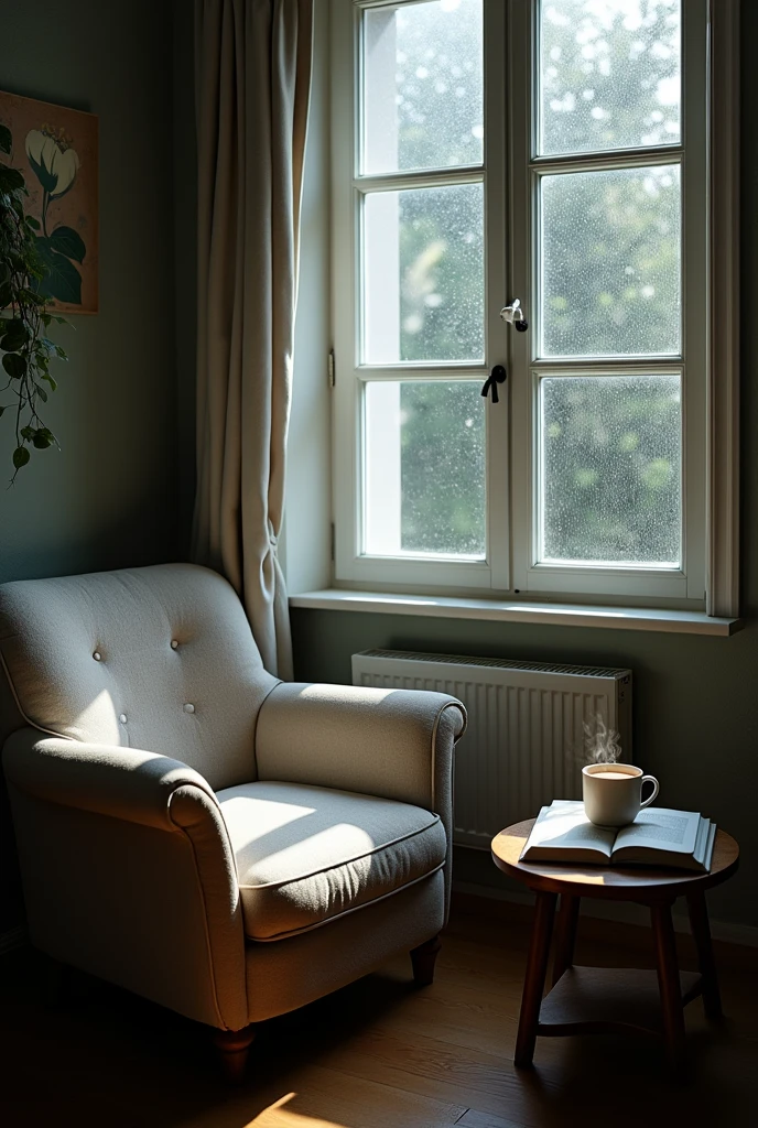 In room cool lite and rain from window
