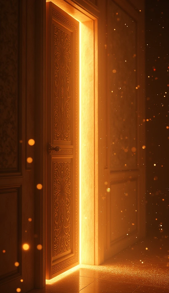 a door closing softly, with a golden aura emanating from her, representing the closing of a positive cycle.