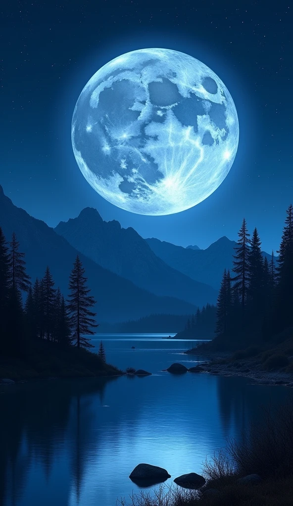 A wide-angle view of the Super Blue Moon dominating the night sky, captured over a serene landscape. The massive, luminous moon casts a soft, silvery light over the scene, illuminating the distant mountains, trees, and a calm lake. The moon appears larger than usual, with its surface details — craters and ridges — clearly visible. The sky is clear, with stars twinkling faintly around the moon, creating a breathtaking contrast between the bright moon and the dark, expansive landscape. The scene captures the grandeur of the Super Blue Moon in its full glory.
