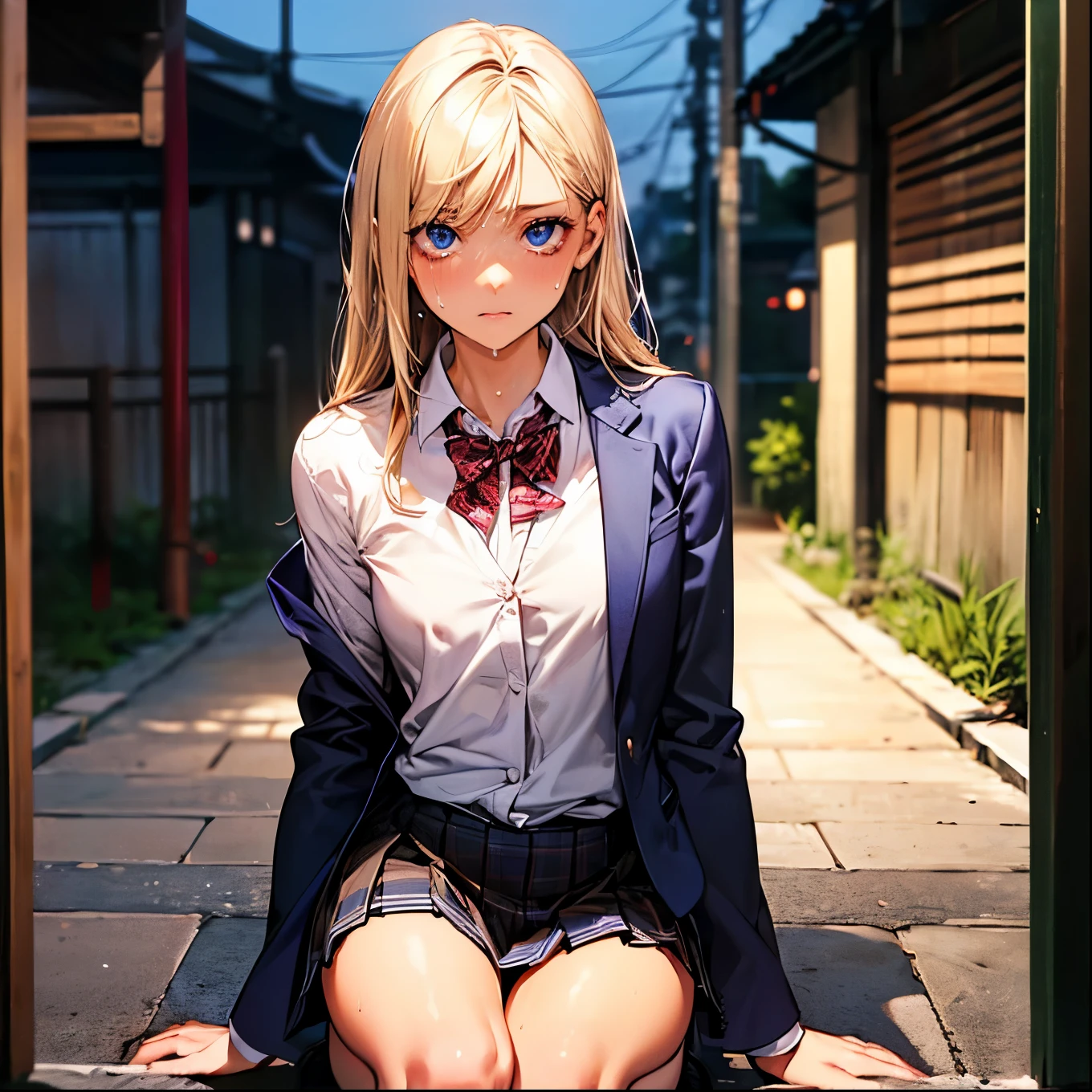 (((night,真night中))),((Perfect Anatomy:1.2,Realistic:1.3,RAW Photos:1.3,masterpiece、Highest quality、Ultra - High resolution、High resolution、Extremely detailed CG、8k)),Cowboy Shot,1 female,alone,18-year-old、High school girl beautiful girl,Japanese,((Beautiful and exquisite face and eyes:1.2,Big beautiful eyes:1.3,)),Blonde,Long Hair,(Center parted hair:1.4,amount),Medium chest,Slender body,Small Head:1.3,skinny,(Brown Skin:1.4),(Oily skin,Glowing Skin,Glowing Skin,Sweat:1.2),(school uniform、Dark blue blazer jacket、Checkered pleated mini skirt),Kneel,Dirty back alley、Tokyo、