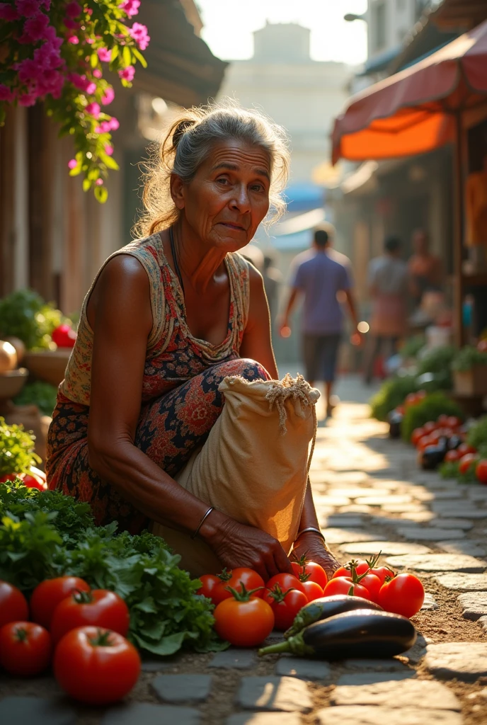 A housewife whose cloth bag broke due to the weight of so many kilos of fruit and vegetables