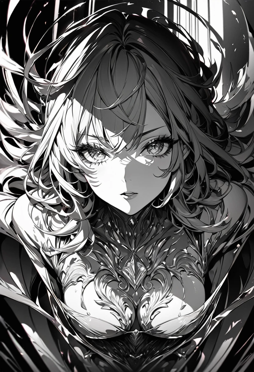 monochrome, pencil drawing, self-portrait, beautiful woman, messy hair, (attractive and seductive) and (amorous and lewd) expression, shading, shadows, contrast, conceptual installation art, (ultra detailed, absolutely resolution, best quality:1.3), 2.5D, delicate and dynamic effects, iridescent effects, artistic, hyper, graphic CG digital art