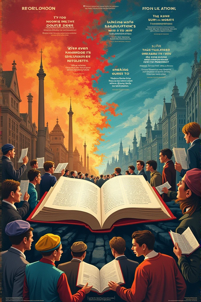 poster showing the relationship between reading and revolution in the past, and the importance of reading and society in the present day. give me an idea on what the poster should look like