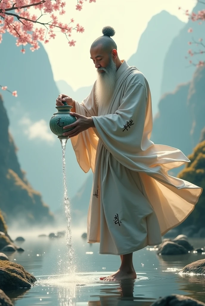 A floating monk pouring a glass of water