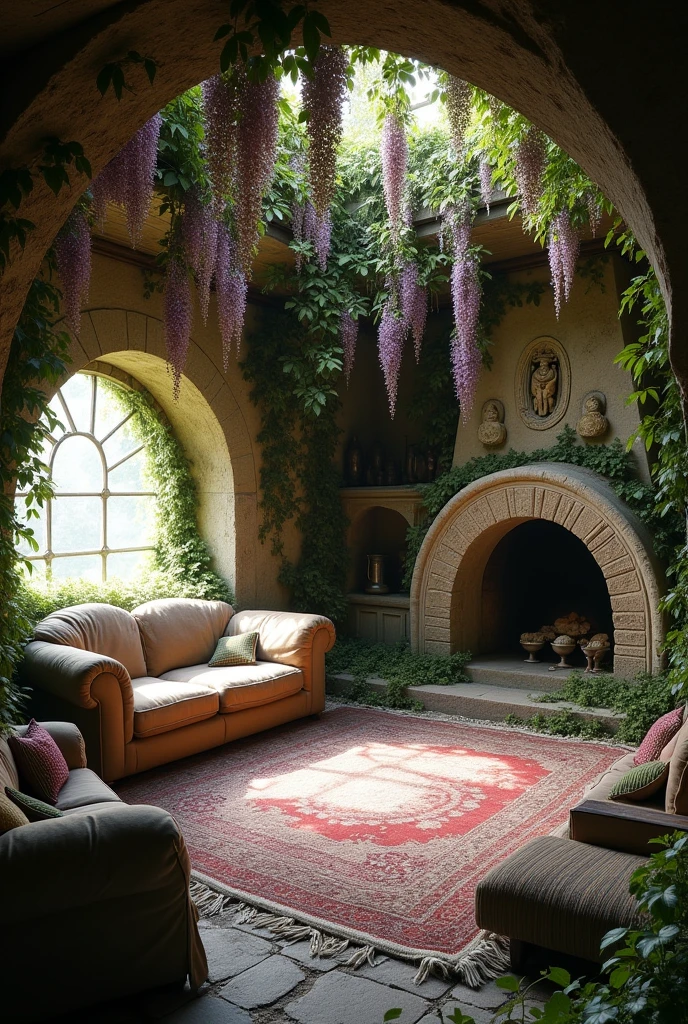 Photo of the interior of a deserted elven cottage&#39;s living room. Perspective shot. Wisteria from floor to ceiling.   With old round stone fireplace in the background. Style hobbit