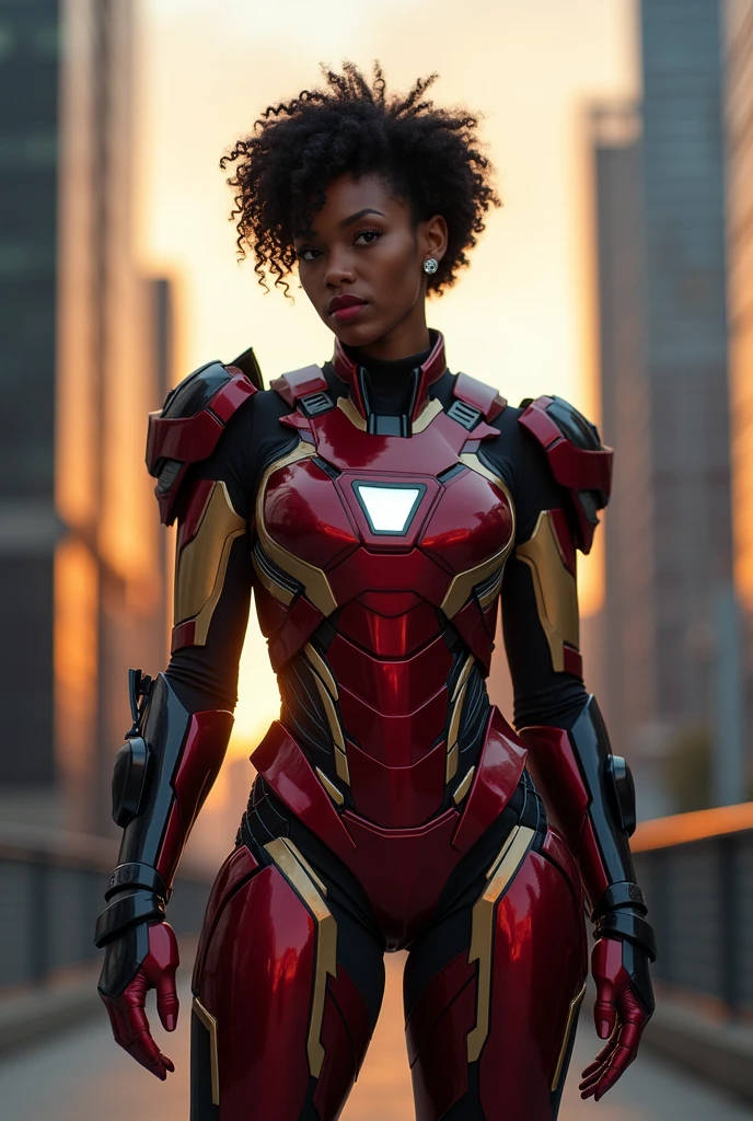 Black american girl, short curly black hair, black and red iron man armor, huge breasts, thin waist, sensual pose,
